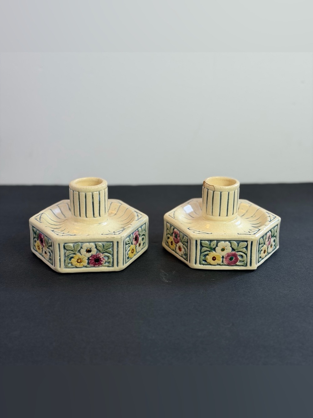 Vintage Art Pottery Candlestick Pair Cream Floral Embossed Octagonal Zanesville